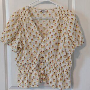 Madewell Off White Floral Short Sleeve Blouse - Size Large